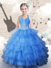 Elegant Light Blue Ball Gowns Halter Top Sleeveless Organza Floor Length Lace Up Beading and Ruffled Layers Kids Pageant Dress
