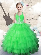 Custom Designed Green Little Girl Pageant Gowns Party and Wedding Party and For with Beading and Ruffled Layers Halter Top Sleeveless Lace Up