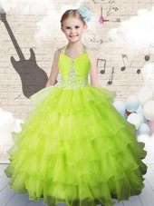 Beautiful Organza Strapless Sleeveless Lace Up Beading and Ruffled Layers Little Girl Pageant Dress in Apple Green