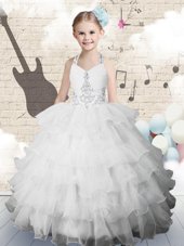 Custom Made Ruffled Halter Top Sleeveless Lace Up Pageant Gowns For Girls White Organza