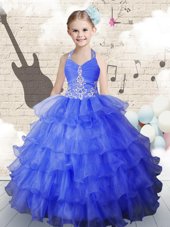 Graceful Halter Top Sleeveless Organza Floor Length Lace Up Little Girls Pageant Gowns in Royal Blue for with Beading and Ruffled Layers