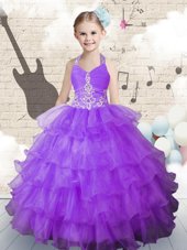 Pretty Halter Top Ruffled Floor Length Ball Gowns Sleeveless Lavender Little Girls Pageant Dress Lace Up