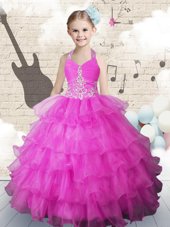 Discount Fuchsia Halter Top Lace Up Beading and Ruffled Layers Little Girls Pageant Dress Sleeveless
