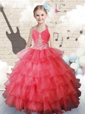 Hot Sale Halter Top Floor Length Coral Red Little Girls Pageant Gowns Organza Sleeveless Ruffled Layers