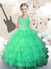 Superior Ruffled Ball Gowns Girls Pageant Dresses Green Halter Top Organza Sleeveless Floor Length Lace Up