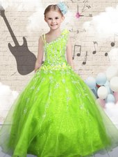 Custom Fit Organza Sleeveless Floor Length Pageant Gowns For Girls and Beading and Appliques and Hand Made Flower