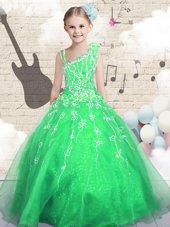 Dazzling Floor Length Lace Up Pageant Gowns For Girls Green and In for Party and Wedding Party with Beading and Appliques and Hand Made Flower