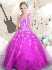 Low Price Fuchsia Sleeveless Floor Length Beading and Appliques and Hand Made Flower Lace Up Girls Pageant Dresses