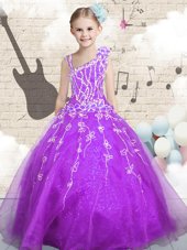 Exquisite Floor Length Purple Little Girls Pageant Dress Asymmetric Sleeveless Lace Up