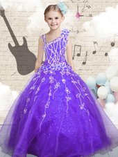 Low Price Lilac Asymmetric Neckline Beading and Appliques and Hand Made Flower Child Pageant Dress Sleeveless Lace Up