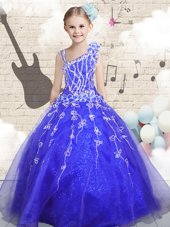 Dramatic Sleeveless Lace Up Floor Length Beading and Appliques and Hand Made Flower Little Girl Pageant Dress