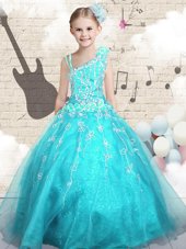 Custom Fit Aqua Blue Sleeveless Tulle Lace Up Little Girls Pageant Gowns for Party and Wedding Party