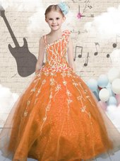 Hot Selling Asymmetric Sleeveless Pageant Gowns For Girls Floor Length Appliques Orange Tulle