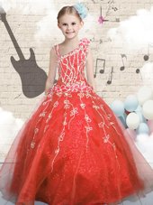 Fashion Orange Red Lace Up Asymmetric Appliques Child Pageant Dress Tulle Sleeveless