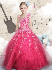 Eye-catching Red Asymmetric Lace Up Appliques Little Girls Pageant Dress Wholesale Sleeveless