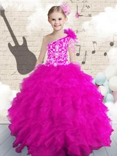High Quality One Shoulder Sleeveless Lace Up Little Girl Pageant Dress Hot Pink Organza