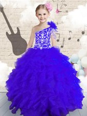 Hot Sale Floor Length Navy Blue Little Girl Pageant Dress One Shoulder Sleeveless Lace Up