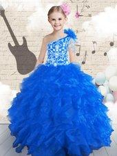 Affordable One Shoulder Floor Length Lace Up Little Girl Pageant Gowns Navy Blue and In for Party and Wedding Party with Embroidery and Ruffles and Hand Made Flower