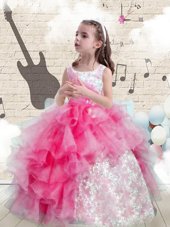 Low Price Scoop Sleeveless Organza Floor Length Lace Up Girls Pageant Dresses in Hot Pink for with Beading and Ruffles