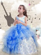Elegant Baby Blue Scoop Neckline Beading and Ruffles Pageant Gowns For Girls Sleeveless Lace Up