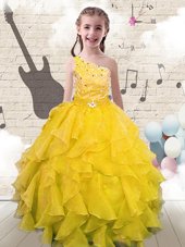 Elegant One Shoulder Floor Length Yellow Pageant Gowns For Girls Organza Sleeveless Beading and Ruffles