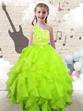 Low Price Yellow Green Ball Gowns One Shoulder Sleeveless Organza Floor Length Lace Up Beading and Ruffles Pageant Gowns For Girls