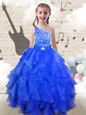 Classical One Shoulder Royal Blue Sleeveless Beading and Ruffles Floor Length Kids Pageant Dress