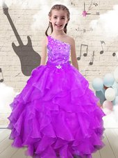 Exquisite One Shoulder Sleeveless Little Girls Pageant Dress Floor Length Beading and Ruffles Fuchsia Organza