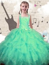 Halter Top Sleeveless Girls Pageant Dresses Floor Length Beading and Ruffles Turquoise Organza