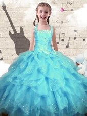 Great Aqua Blue Ball Gowns Organza Halter Top Sleeveless Beading and Ruffles Floor Length Lace Up Child Pageant Dress