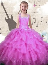 Cute Halter Top Rose Pink Sleeveless Organza Lace Up Kids Formal Wear for Party and Wedding Party