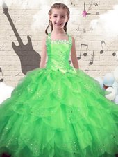 Classical Green Halter Top Lace Up Beading and Ruffles Child Pageant Dress Sleeveless