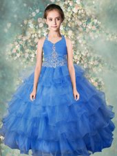 Halter Top Floor Length Baby Blue Child Pageant Dress Organza Sleeveless Beading and Ruffled Layers