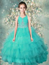 Beauteous Halter Top Turquoise Ball Gowns Beading and Ruffled Layers Pageant Gowns For Girls Zipper Organza Sleeveless Floor Length