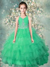 Customized Organza Halter Top Sleeveless Zipper Beading and Ruffles Pageant Gowns For Girls in Teal