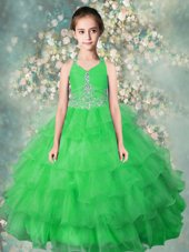 Graceful Green Organza Zipper Halter Top Sleeveless Floor Length Little Girl Pageant Gowns Beading and Ruffled Layers