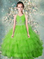 High Class Apple Green Zipper Halter Top Beading and Ruffled Layers Child Pageant Dress Organza Sleeveless