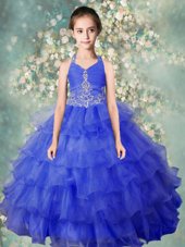 Gorgeous Baby Blue Ball Gowns Organza Halter Top Sleeveless Beading and Ruffled Layers Floor Length Zipper Pageant Gowns For Girls