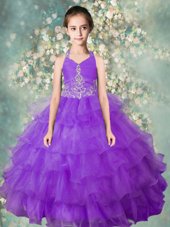 Custom Fit Halter Top Lavender Zipper Little Girls Pageant Dress Beading and Ruffled Layers Sleeveless Floor Length