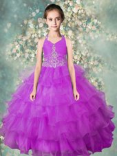 Affordable Lavender Zipper Halter Top Beading and Ruffled Layers Child Pageant Dress Organza Sleeveless