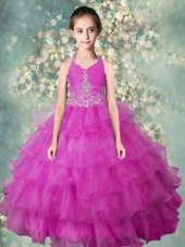 Unique Halter Top Sleeveless Zipper Floor Length Beading and Ruffled Layers Kids Pageant Dress
