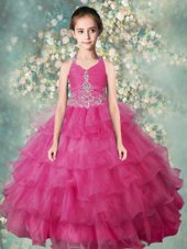 Custom Design Halter Top Sleeveless Floor Length Beading and Ruffled Layers Zipper Little Girl Pageant Dress with Rose Pink