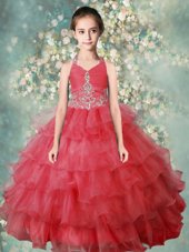 Pretty Halter Top Floor Length Zipper Little Girls Pageant Dress Watermelon Red and In for Party and Wedding Party with Beading and Ruffled Layers