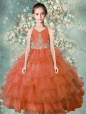 Discount Halter Top Beading and Ruffled Layers Little Girl Pageant Gowns Orange Zipper Sleeveless Floor Length