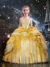 Low Price Gold Lace Up Spaghetti Straps Beading and Ruffled Layers Little Girl Pageant Dress Tulle Sleeveless