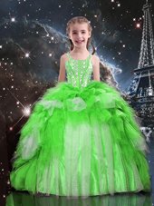 Trendy Organza Lace Up Little Girl Pageant Gowns Sleeveless Floor Length Beading and Ruffles