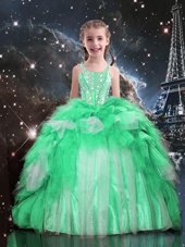 Latest Sleeveless Organza Floor Length Lace Up Little Girl Pageant Gowns in Apple Green for with Beading and Ruffles