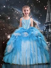 Unique Baby Blue Organza Lace Up Child Pageant Dress Sleeveless Floor Length Beading and Ruffles
