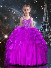 Classical Floor Length Fuchsia Pageant Gowns For Girls Spaghetti Straps Sleeveless Lace Up