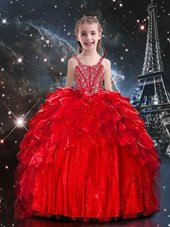 Stylish Red Spaghetti Straps Neckline Beading and Ruffles Pageant Gowns For Girls Sleeveless Lace Up